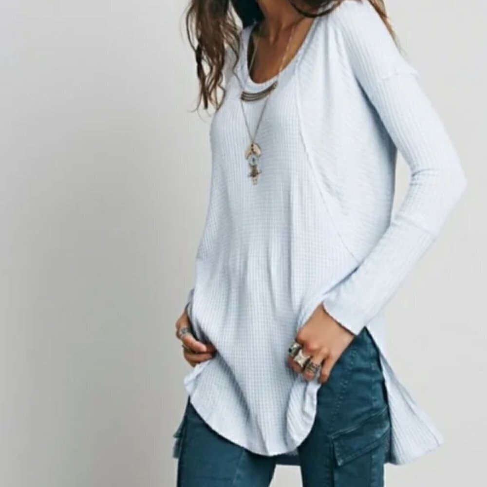 Free People Drippy Thermal Light Blue‎ Long Sleeve Top XS
